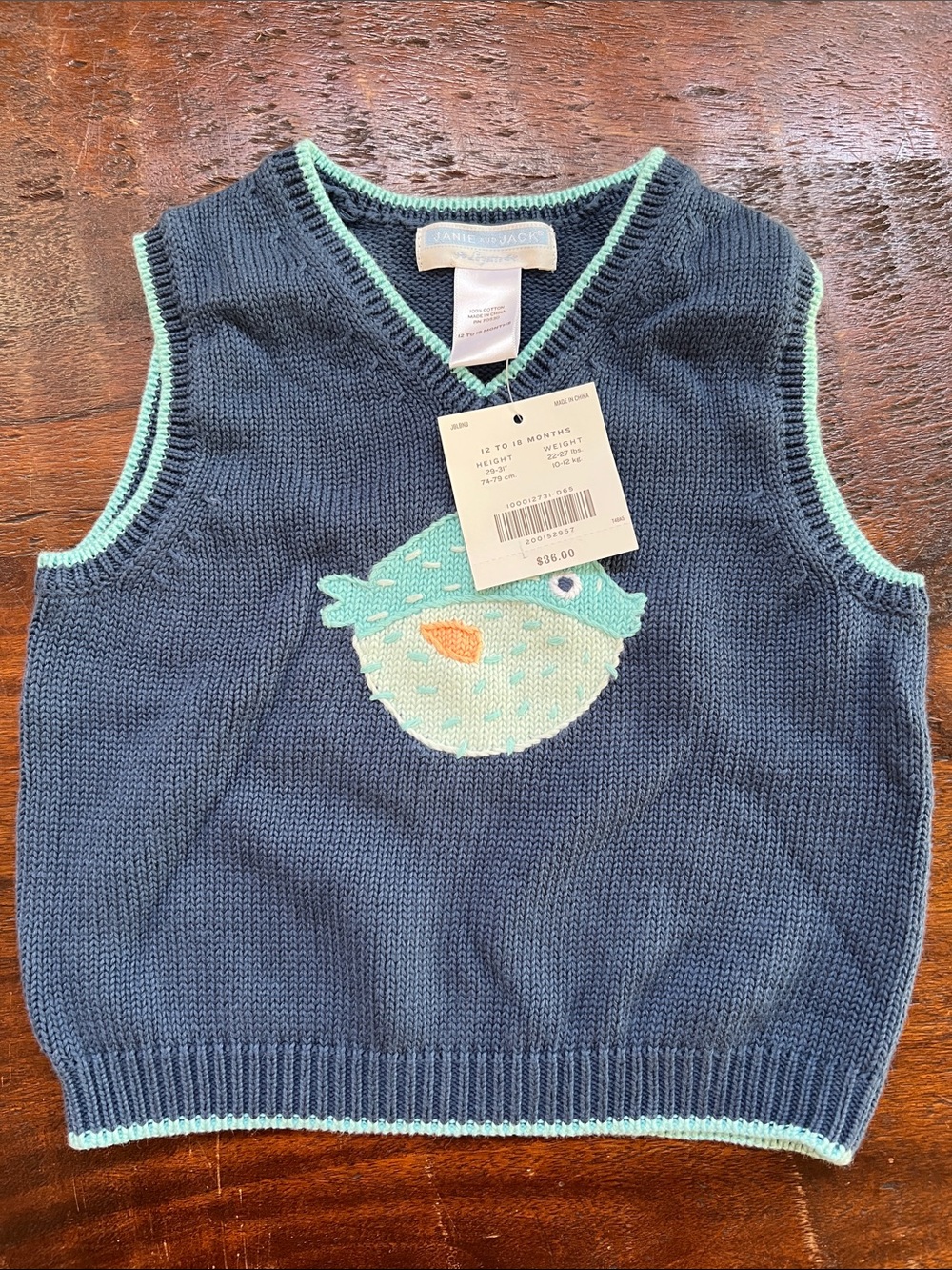 JANIE & JACK Playful Embroidered Puffer Fish Sweater Vest Navy Blue/Teal 12-18 M
